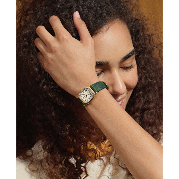 Fossil Harlow Quarz 27 MM Damenuhr in Gold Grün, Lederband - ES5427