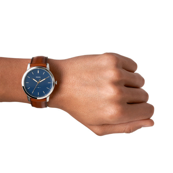 Fossil Minimalist Quarz 3-Zeiger 44 MM Herrenuhr in Blau/Braun aus Lederband - FS5304