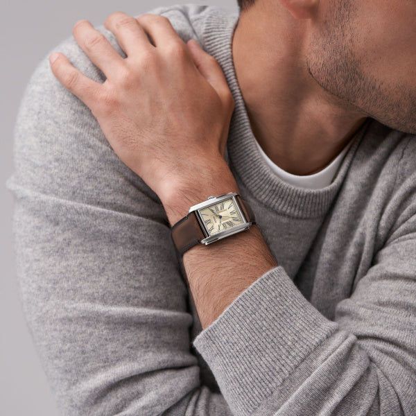 Fossil Carraway Silber Creme Braun 30mm Leder Quarz Herrenuhr - FS6012