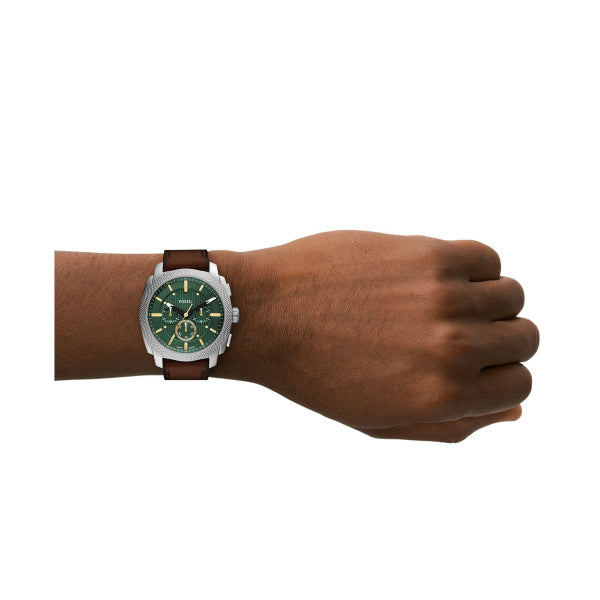 Fossil Machine 44mm Leder Chronograph Herrenuhr in Silber, Grün - FS6100