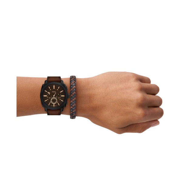 Fossil Machine Schwarz Braun 44mm Leder Chronograph Herrenuhr - FS6102SET