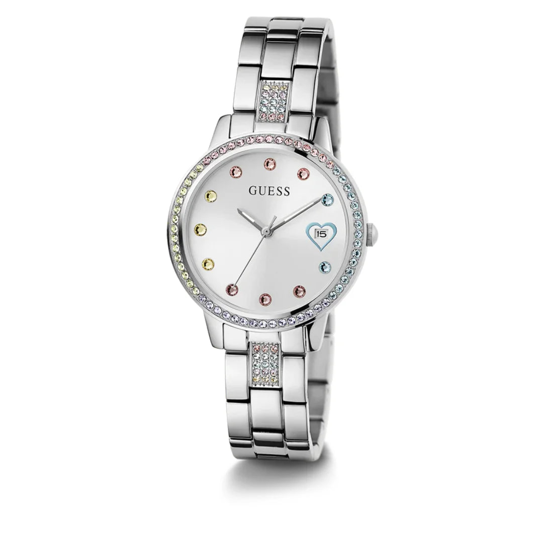 Guess Silberton Datum Damenuhr 34 MM, Drei von Herzen - GW0657L1