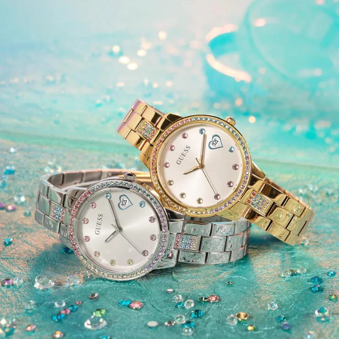 Guess Silberton Datum Damenuhr 34 MM, Drei von Herzen - GW0657L1