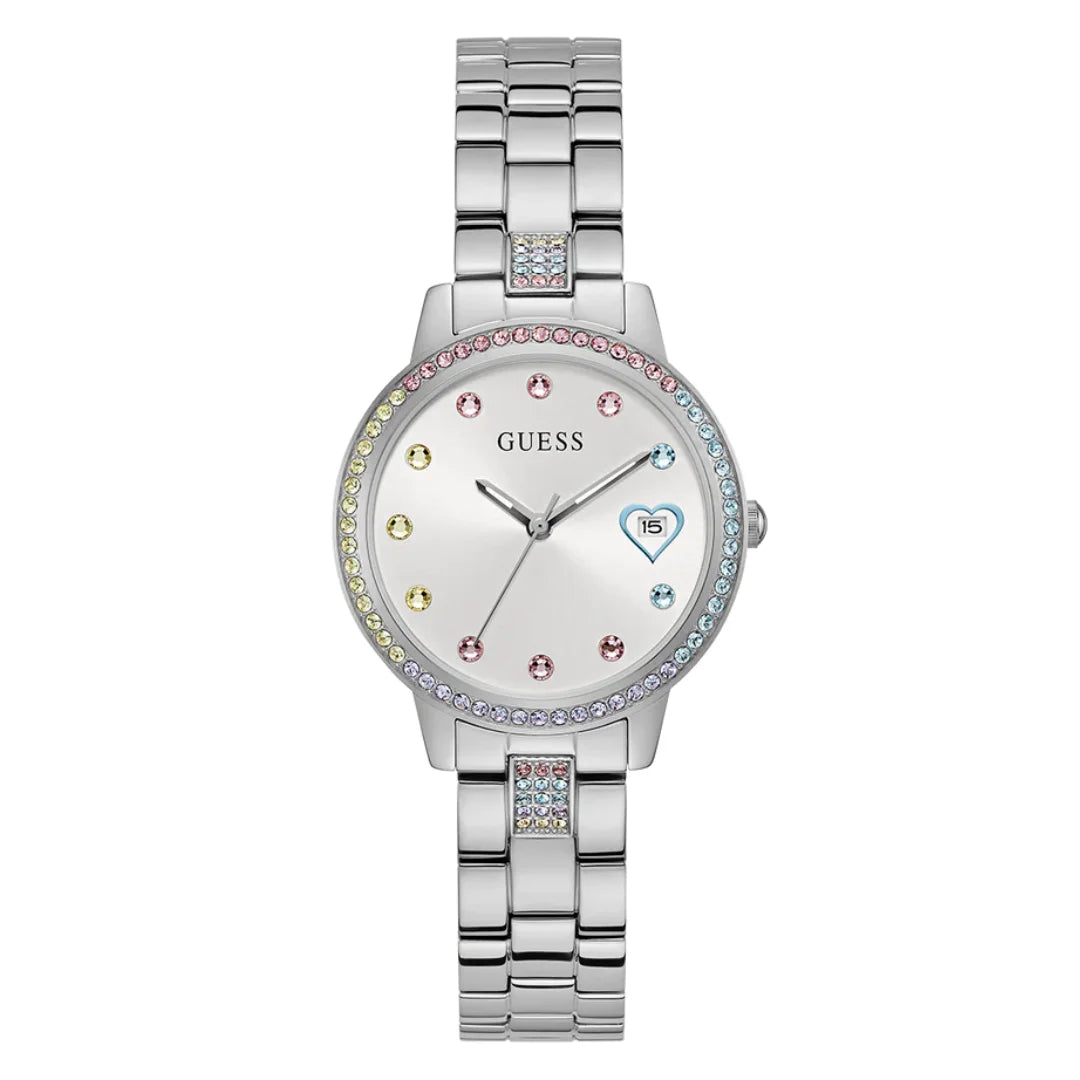 Guess Silberton Datum Damenuhr 34 MM, Drei von Herzen - GW0657L1
