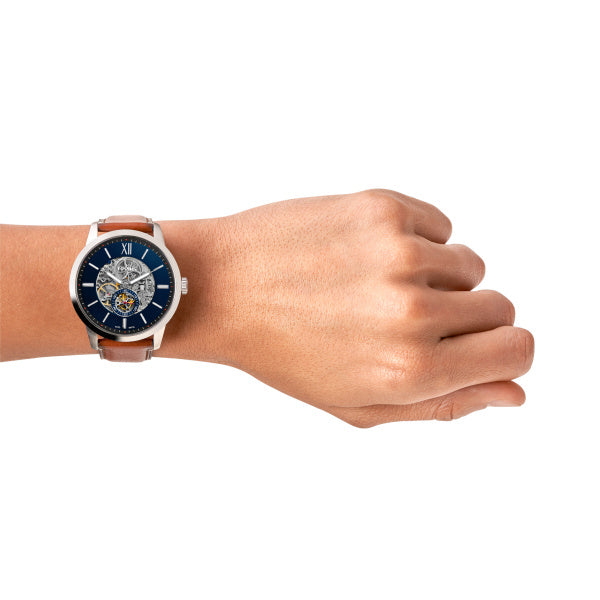 Fossil Townsman Automatik 48 MM Herrenuhr in Silber Blau, Lederband - ME3154