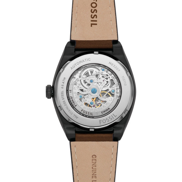 Fossil Everett Automatik 42 MM Herrenuhr in Schwarz/Braun aus Lederband - ME3207