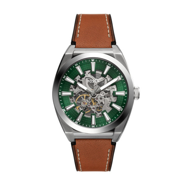 Fossil Everett Silber Grün 42mm Leder Automatik Herrenuhr - ME3261