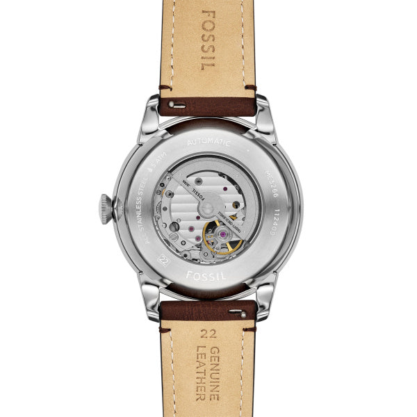 Fossil Townsman Automatik 44 MM Herrenuhr in Silber Creme Braun, Lederband - ME3266