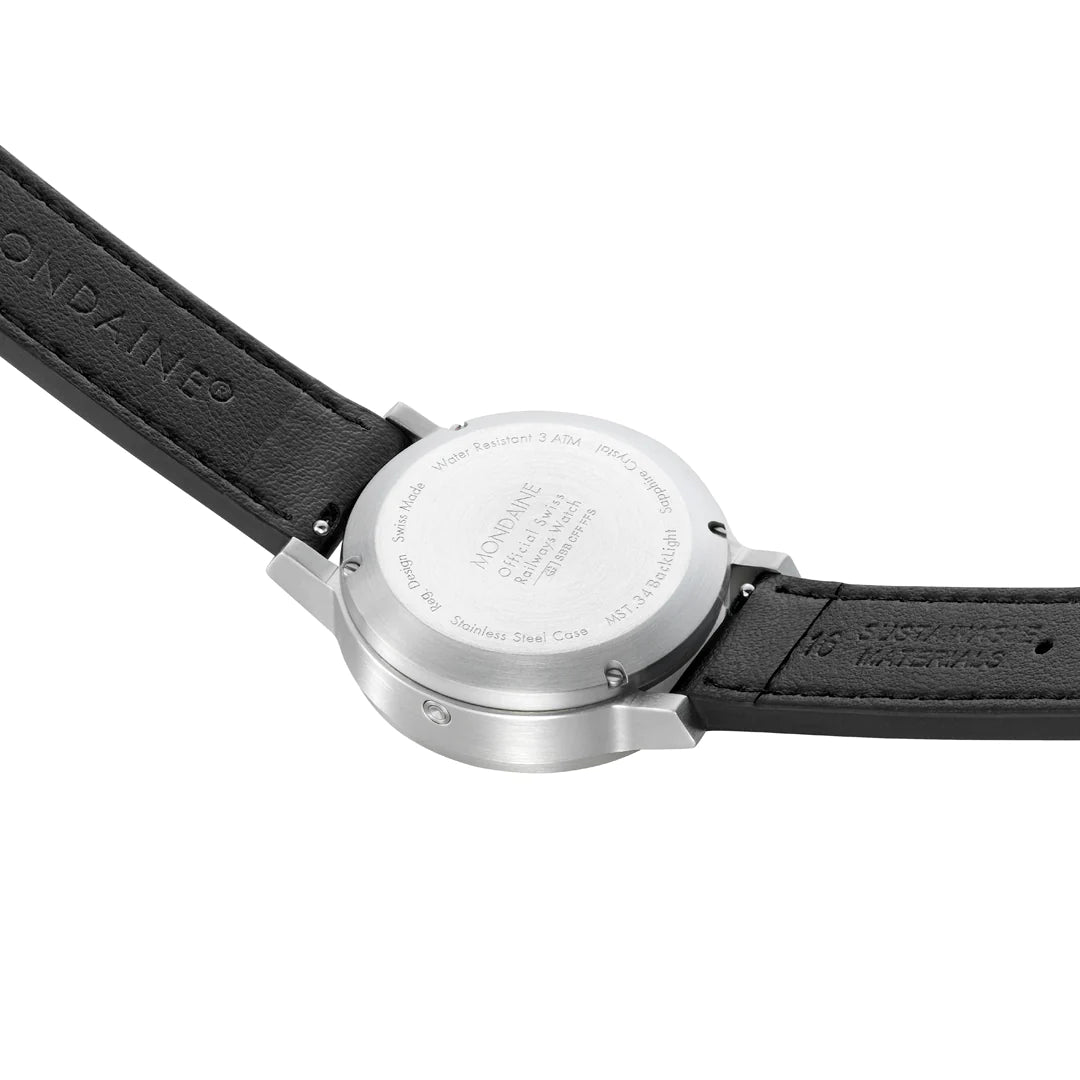 Mondaine Stop2Go Herrenuhr aus Schwarzes Leder, 34 MM - MST.3401B.LBV.SET