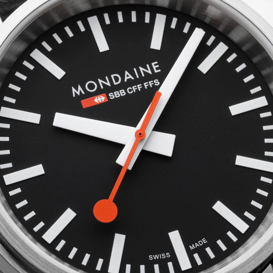 Mondaine Stop2Go Herrenuhr aus Schwarzes Leder, 41 MM - MST.41020.LBV.2SE