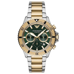 Emporio Armani Herrenuhr Chronograph – Edelstahl Bicolor Silber/Gold, 43 mm, grünes Sonnenschliff-Zifferblatt, 10 ATM, Taucher-Look - AR11586