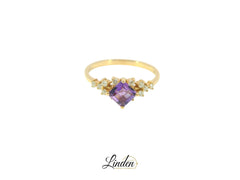 Exklusiver Gelbgoldring mit Amethyst und Diamanten – 18 Karat Schmuckstück in Grösse 54 - YZ0002919