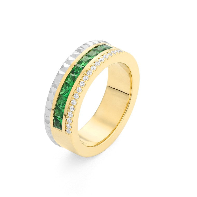 Facet Cnc Ring halbgefasster Memoirering in 750/18 Karat Bicolor mit Tsavorit