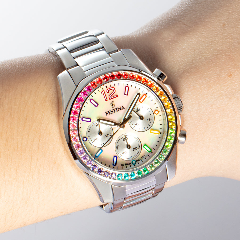 Festina Damenuhr Swiss Made Boyfriend Rainbow - Perlmutt Edelstahl Armband - F20606/2