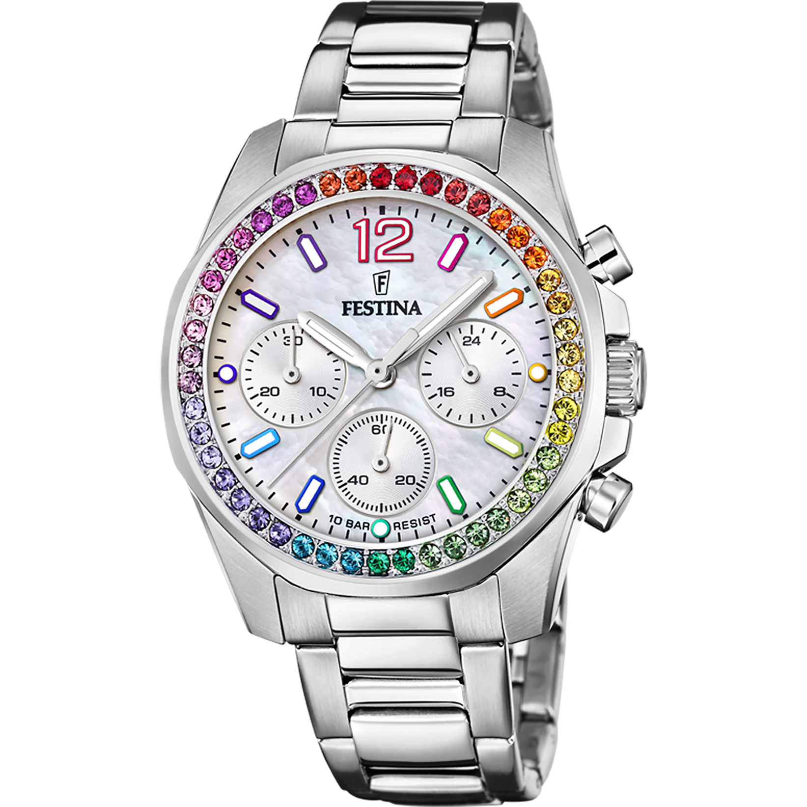 Festina Damenuhr Swiss Made Boyfriend Rainbow - Perlmutt Edelstahl Armband - F20606/2
