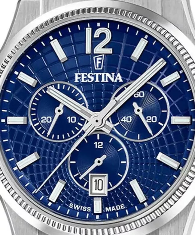 Festina Swiss Rivé Chrono 42 Blaues Leder / Silber Herrenuhr - F20060/2