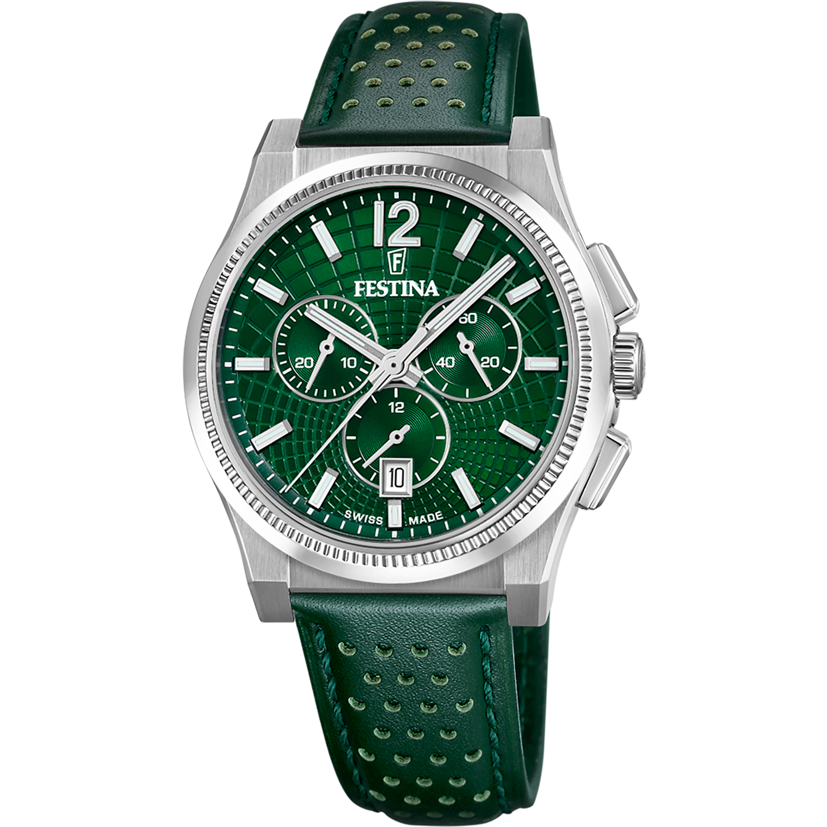 Festina Swiss Rivé Chrono 42 Grünes Leder / Silber Herrenuhr - F20060/3