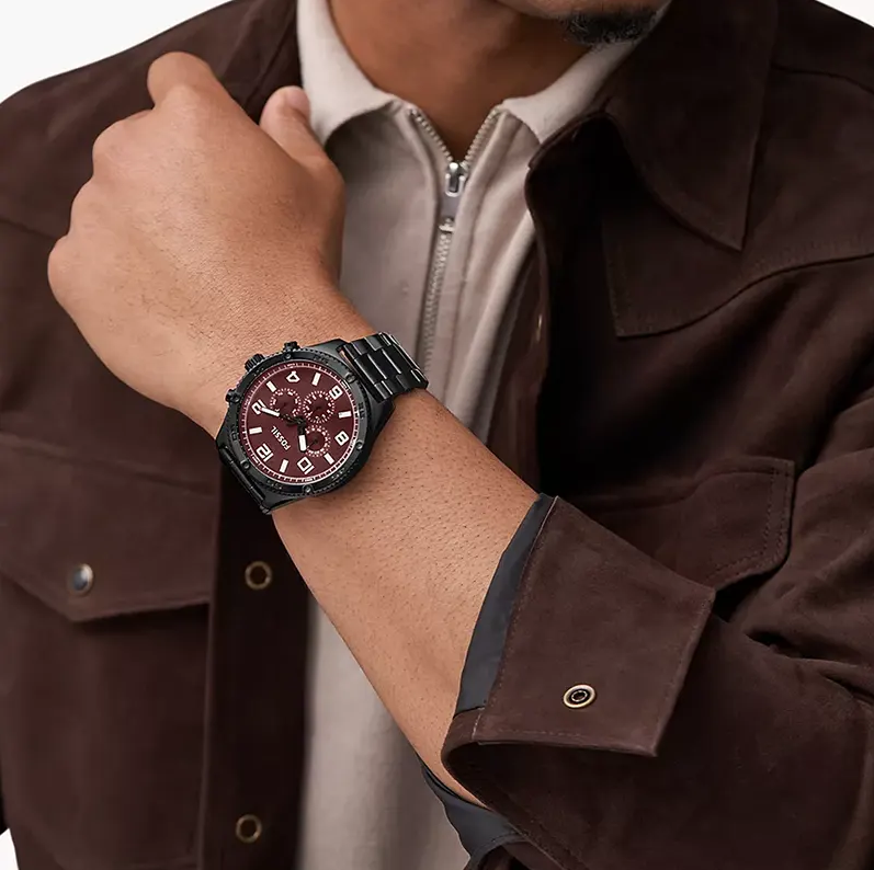 Fossil Brox Herrenuhr - Schwarz Edelstahl, Burgundy Zifferblatt - BQ2803