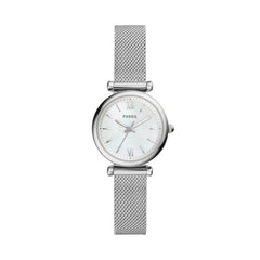 Fossil Carlie Quarz Silber Perlmutt 28 mm Mesh Edelstahl Damenuhr - ES4432