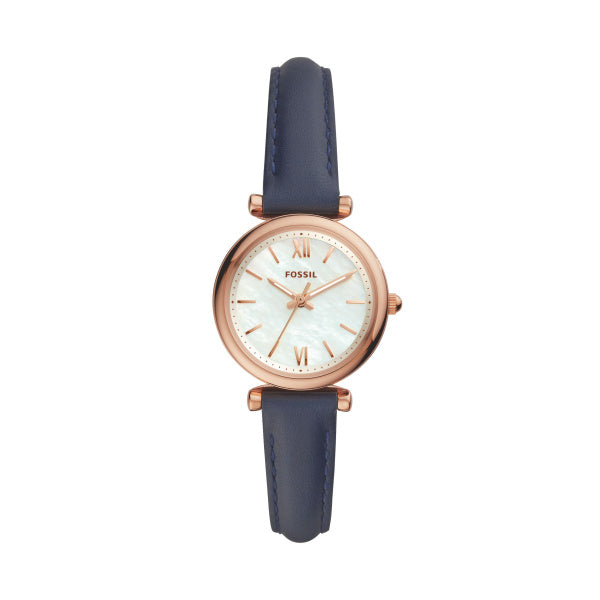 Fossil Carlie Damenuhr - Roségold Blau, Leder, MOP, 28mm, Quarz - ES4502