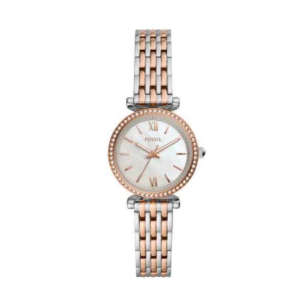Fossil Carlie Quarz 3-Zeiger 28 MM Damenuhr in Silber 2-Tone MOP - ES4649