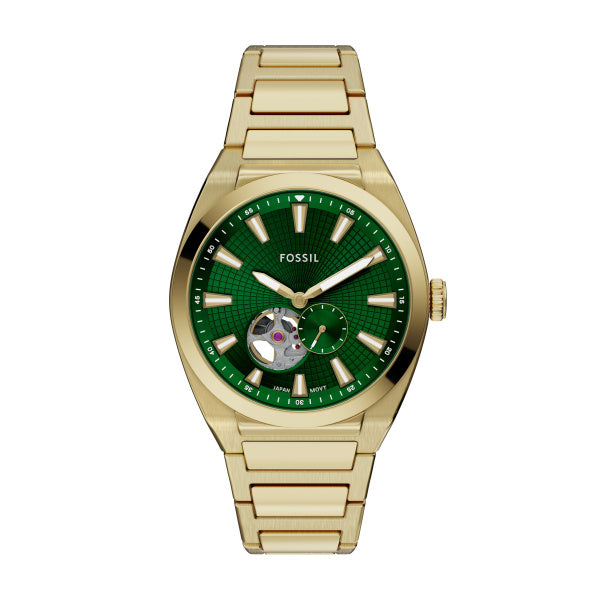 Fossil Everett Automatik 42 mm Herrenuhr in Gold/Grün aus Edelstahl - ME3276