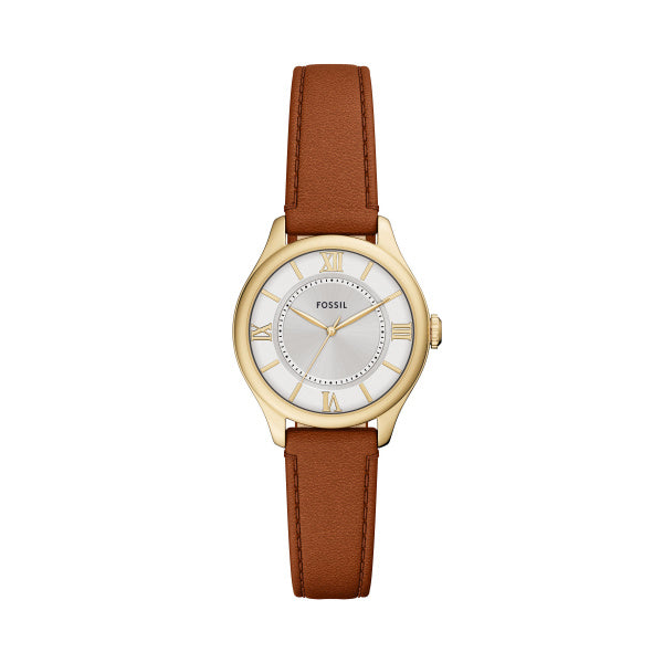 Fossil Gilmore Quarz 3-Zeiger 28 MM Damenuhr in Silber/Braun aus Lederband - ES5423
