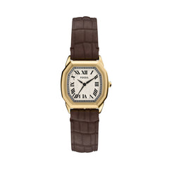 Fossil Harlow Quarz 27 MM Damenuhr in Gold Creme Braun, Lederband - ES5426