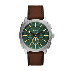Fossil Machine 44mm Leder Chronograph Herrenuhr in Silber, Grün - FS6100