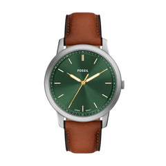 Fossil Minimalist Quarz 3-Zeiger 44 MM Herrenuhr in Grün/Braun aus Lederband  - FS6094