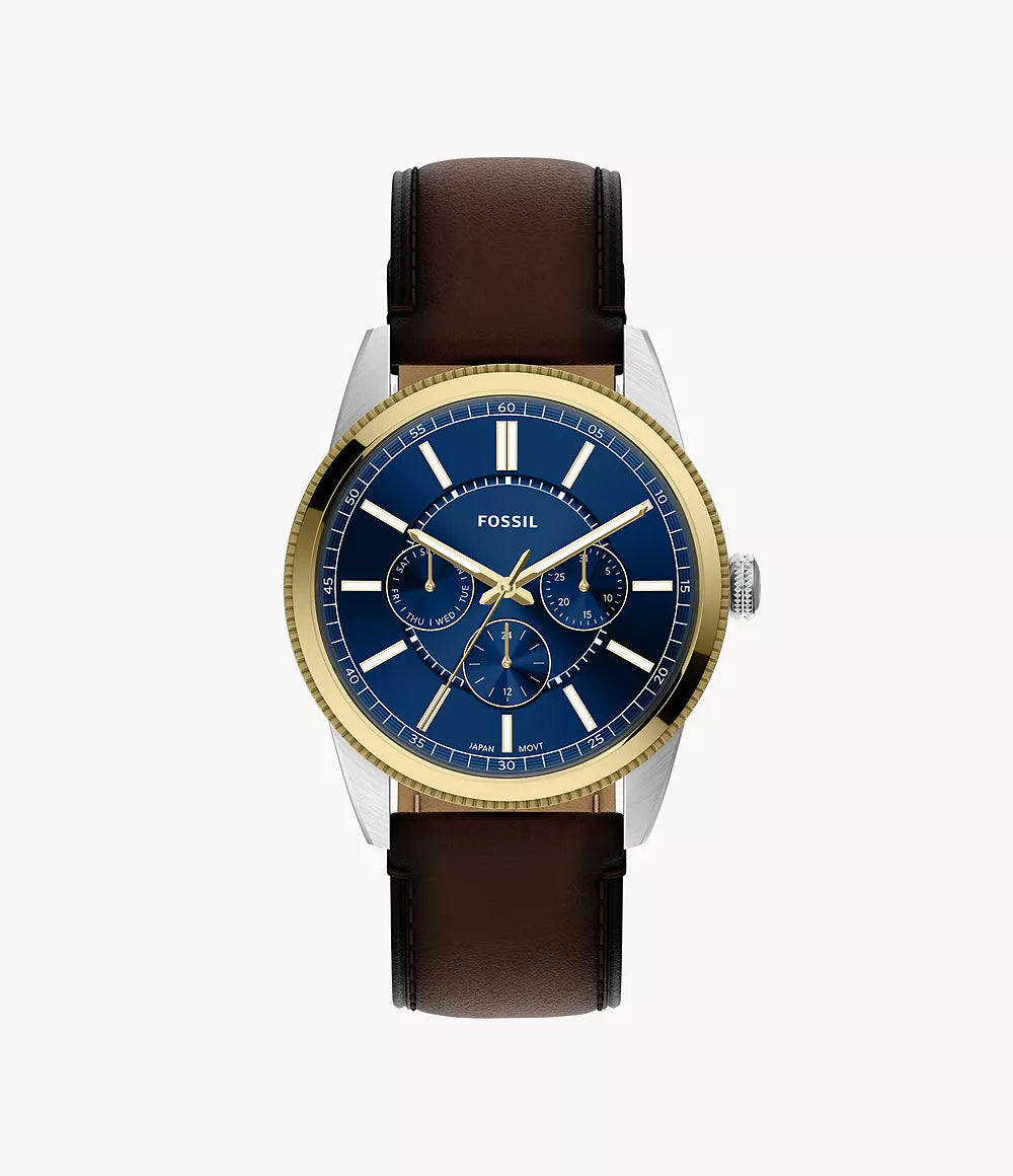 Fossil Pearson Multifunktion Herrenuhr Bicolor Gold/Silber mit blauem Zifferblatt und braunem Lederarmband 42 mm