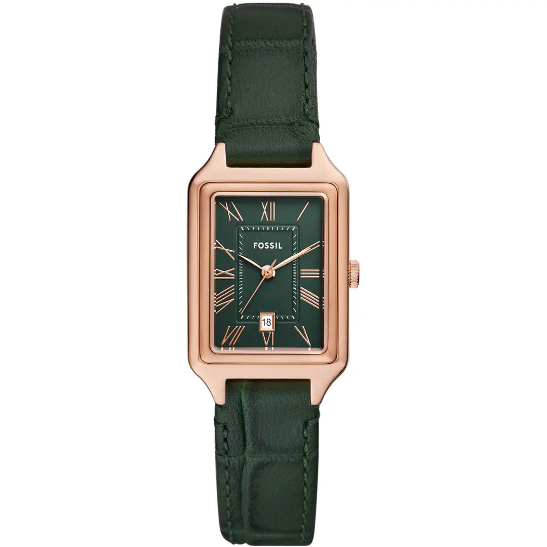 Fossil Raquel Quarz 23 MM Damenuhr in Rosegold/Grün aus Pro-Planet Leder mit Datum - ES5366