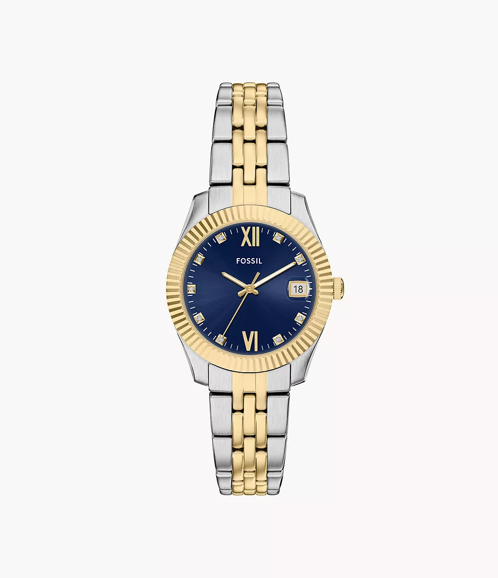 Fossil Scarlette Damenuhr Bicolor Gold/Silber mit blauem Zifferblatt und Edelstahlarmband 33 mm