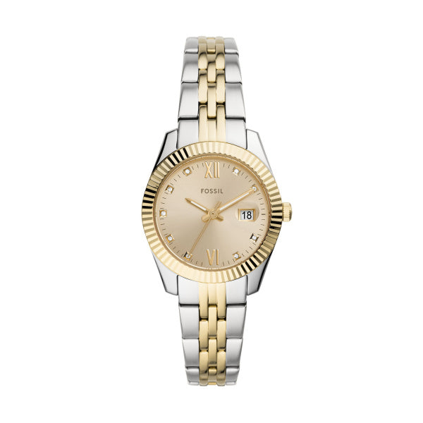 Fossil Scarlette Silber Gold 32mm 3-Zeiger Datum Damenuhr - ES4949