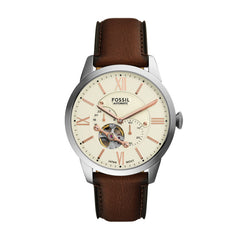 Fossil Townsman Automatik 44 MM Herrenuhr in Silber Creme Braun, Lederband - ME3266