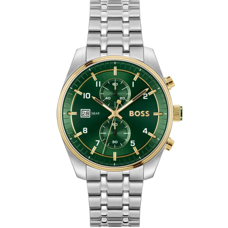 Hugo Boss Skytraveller Chronograph Silbrig / Grün Herrenuhr - 1514195