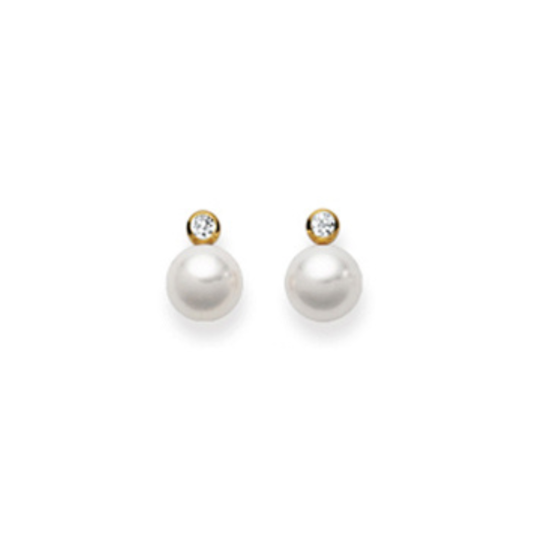 Ohrstecker in 18 Karat Gelbgold, Akoya Perle 7-7.5 mm, Diamant 0.10 ct.