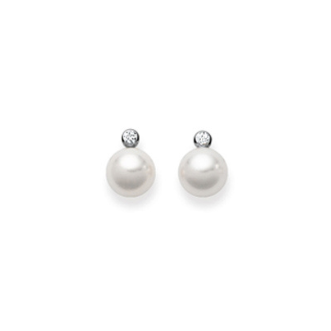 Ohrstecker in 18 Karat Weissgold, Akoya Perle 8-8.5 mm, Diamant 0.10ct.