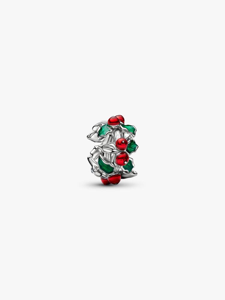 Der Pandora Moments Weihnachtliche Stechpalme Charm mit edler Platinbeschichtung und farbenfroher Emaille